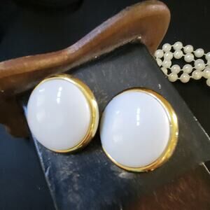 Golden White Button Vintage Earrings for Women - 1980s Elegance